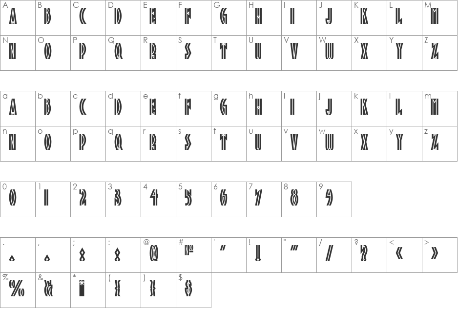 Tropicana NF font character map preview