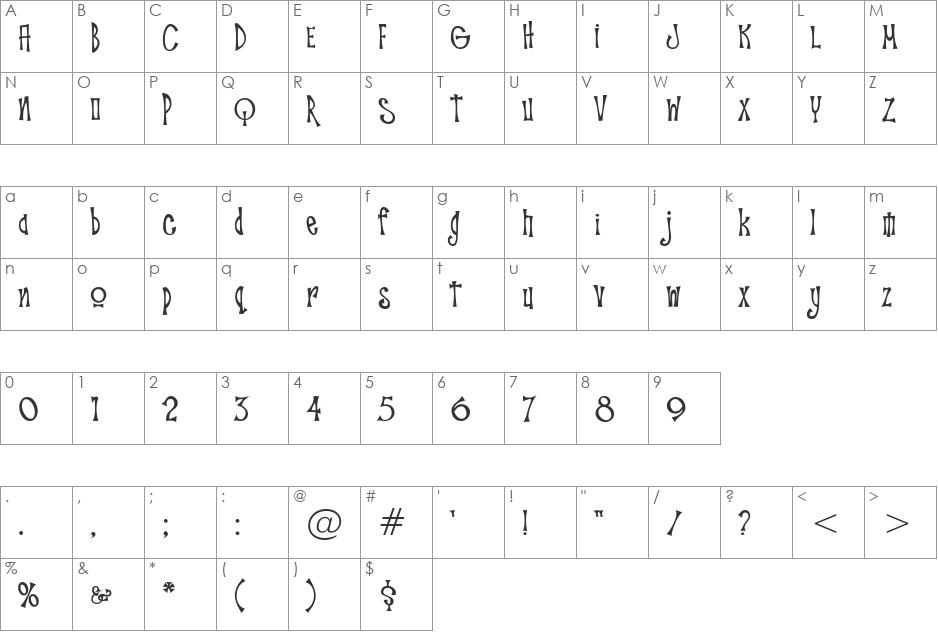 Troutkings BTN Condensed font character map preview