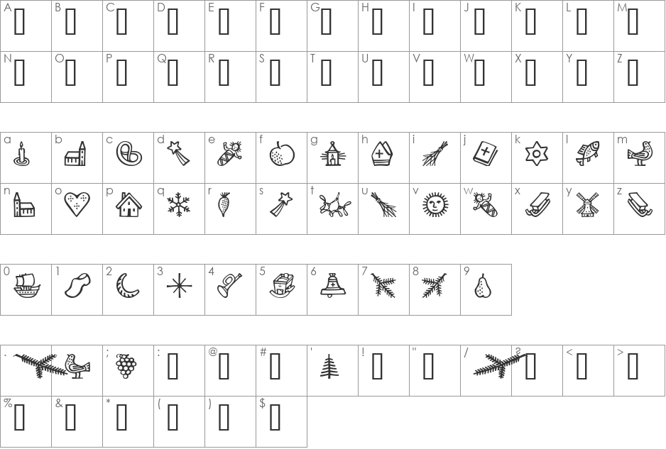 TroyerDecember font character map preview