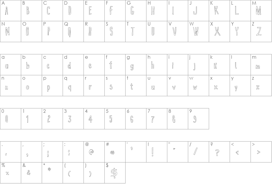 True 2D Outline font character map preview