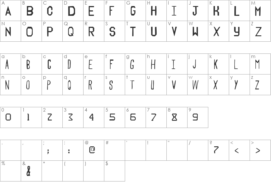 Trueblood font character map preview