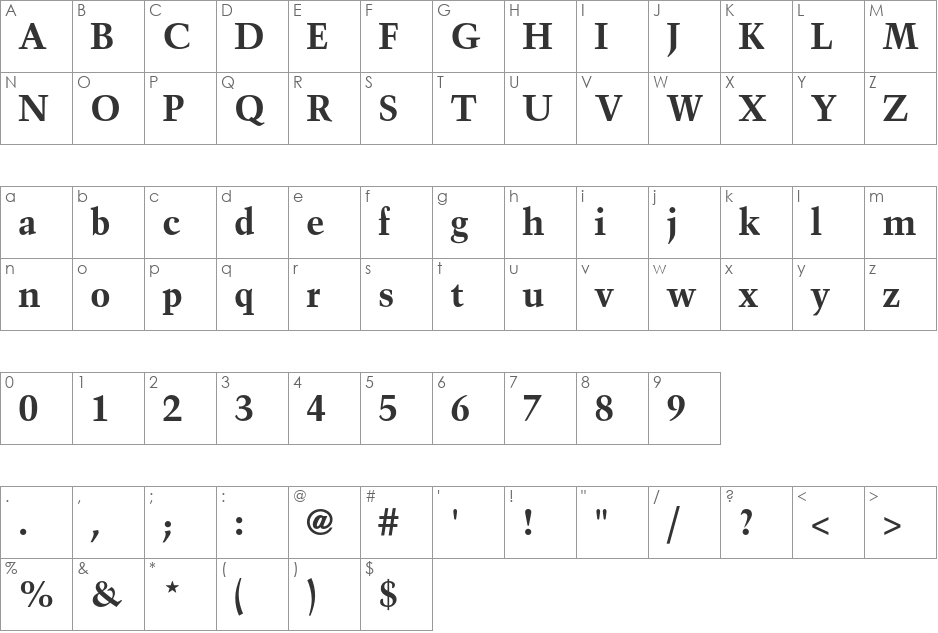 Trump Mediaeval font character map preview