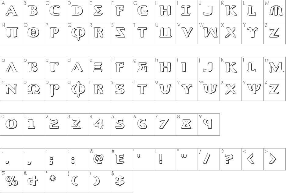 Aegis 3D font character map preview
