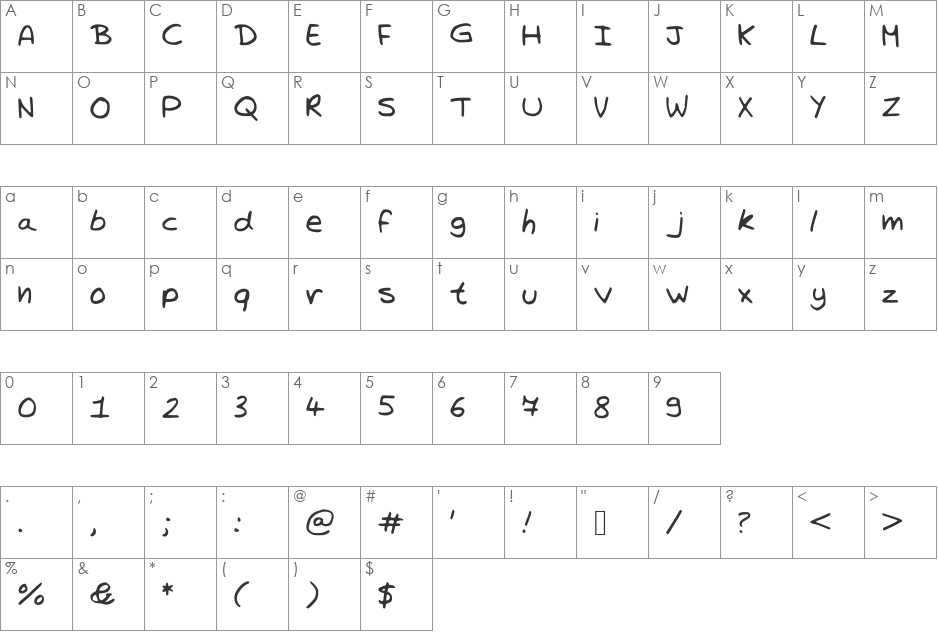 TrystansWritingCorrected font character map preview