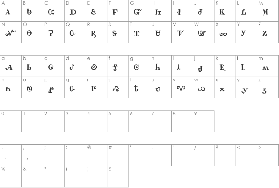 Tschiroki font character map preview