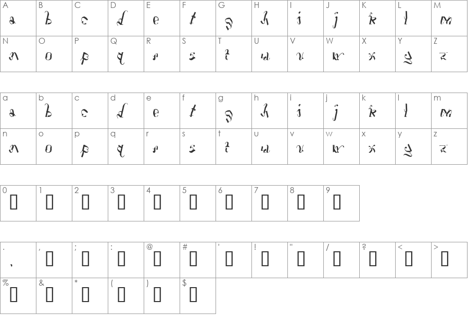 Tshtars font character map preview
