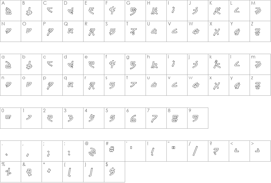 TsunamiOutline font character map preview