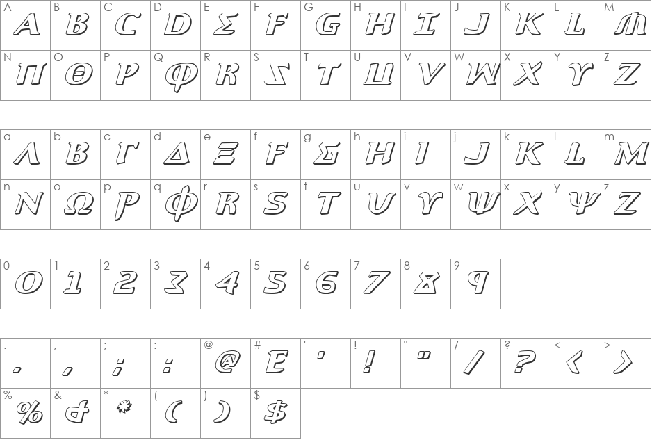 Aegis 3D Italic font character map preview