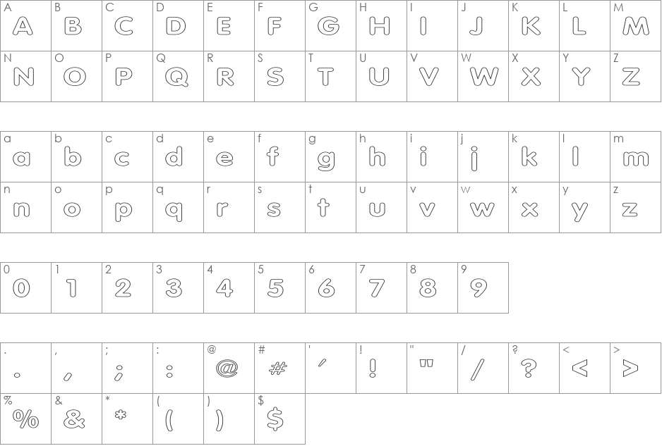 Tubular Hollow Wd font character map preview