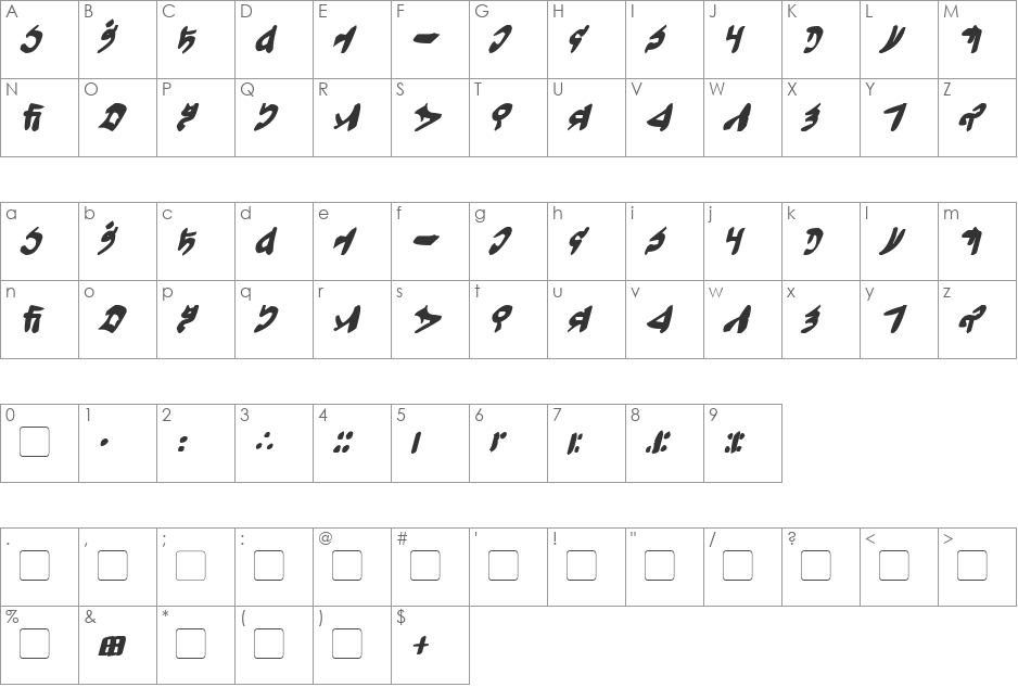 Tuigan font character map preview