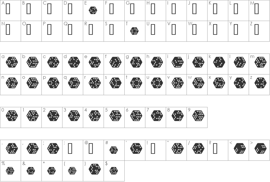 TumblinDiceJ font character map preview