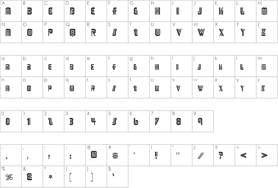 Tumores font character map preview