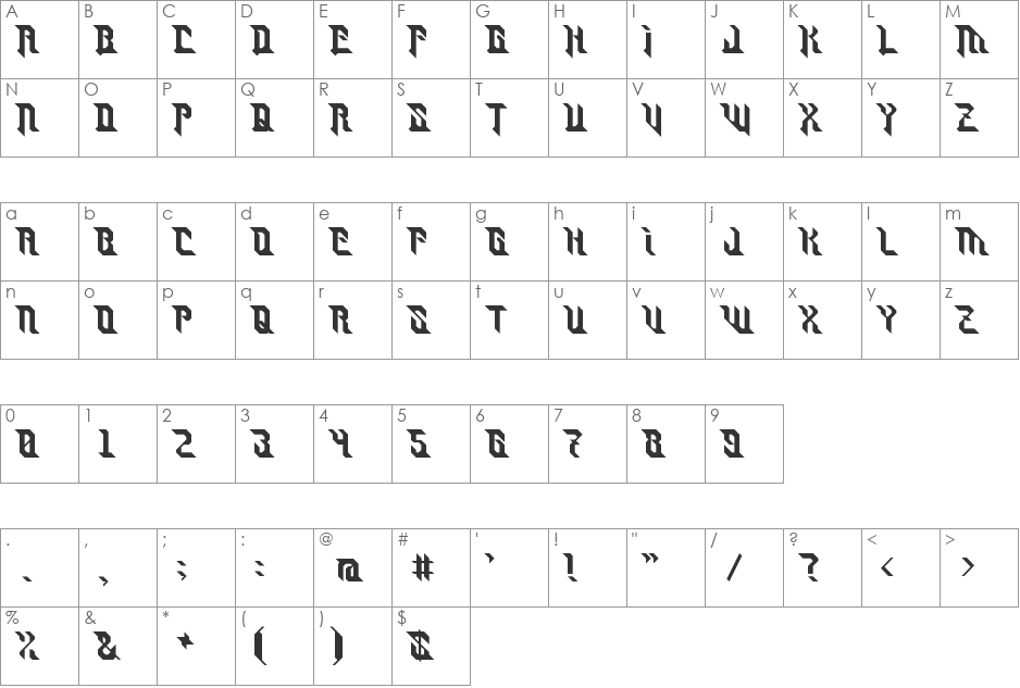 Turret font character map preview