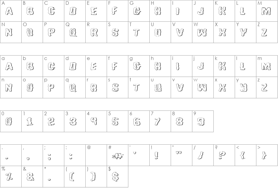 Tussle Expanded Outline font character map preview