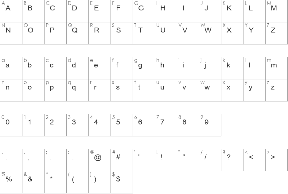 TWA LATIN1 H font character map preview
