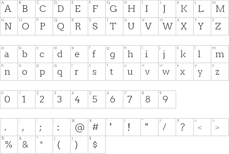 Twentytwelve Slab Light font character map preview