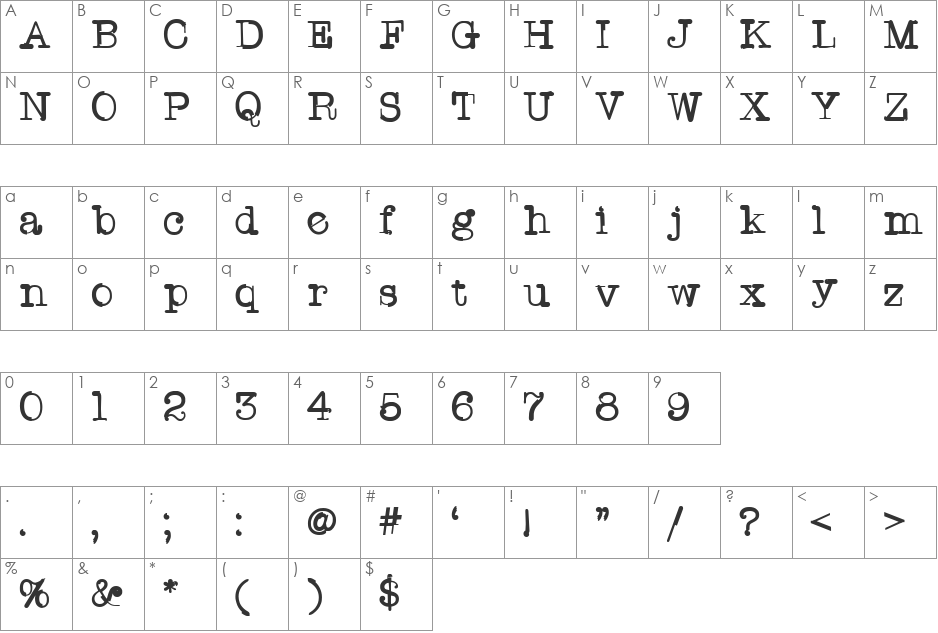 TWriterOne font character map preview