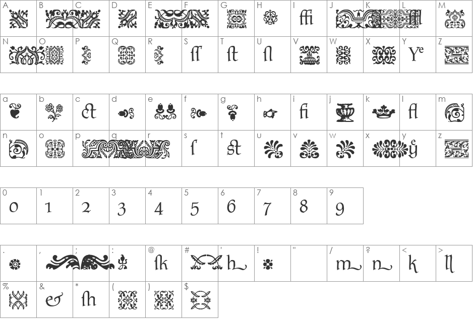 Tynxtras font character map preview
