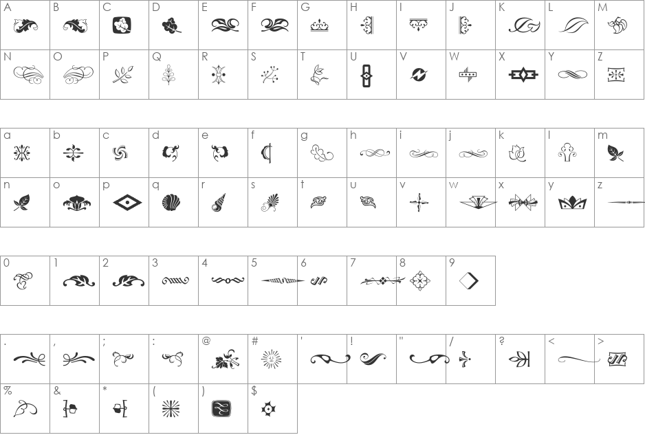Type Embellishments Two font character map preview