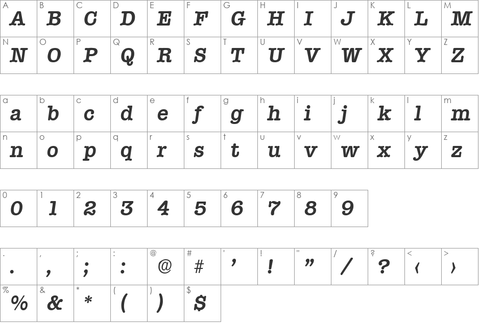 Typewriter-DemiBoldIta font character map preview