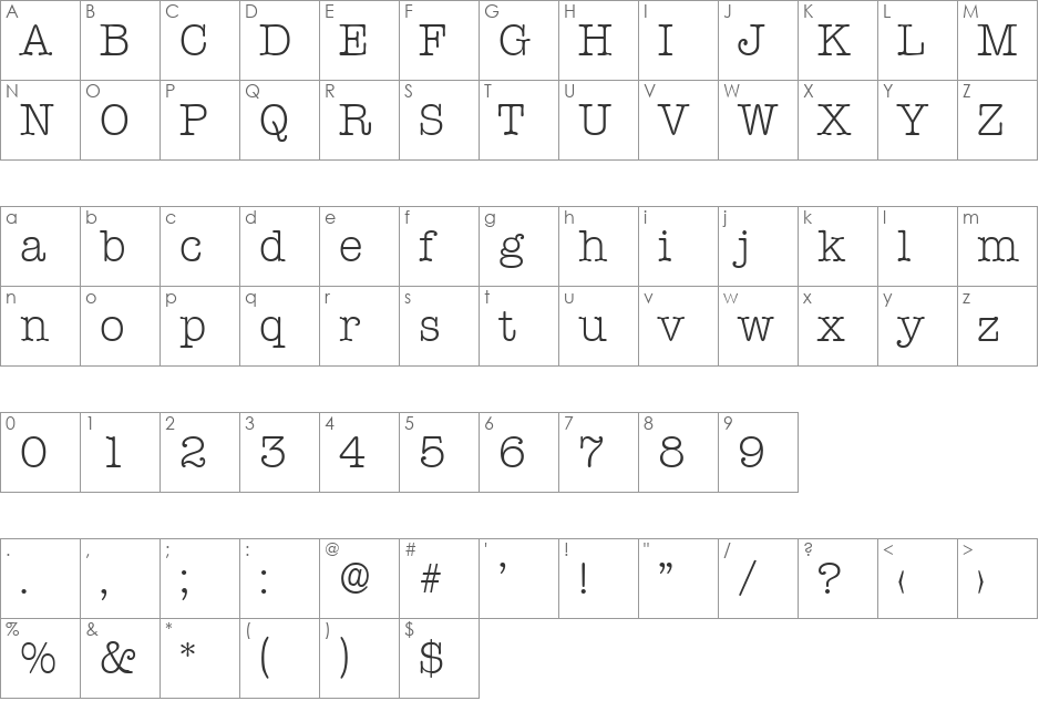 Typewriter-Light font character map preview