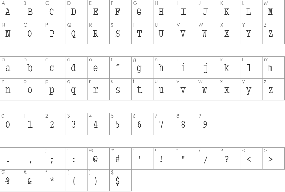 TypewriterCondensed font character map preview