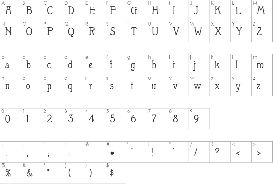 Berolina font character map preview