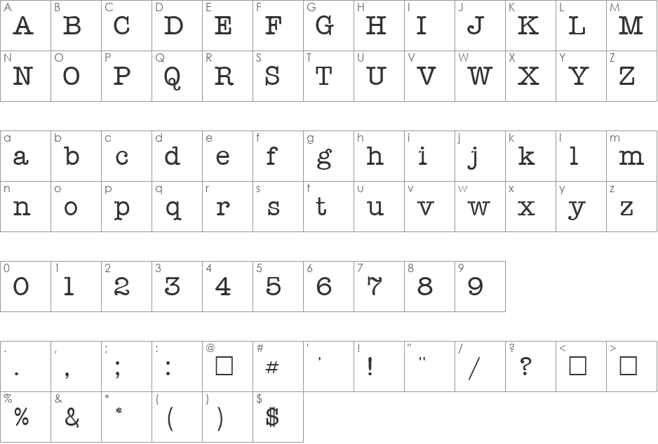 TypeWriterTwo font character map preview