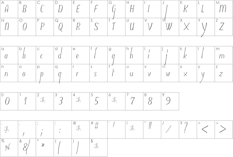 Typha Latifolia Demo font character map preview