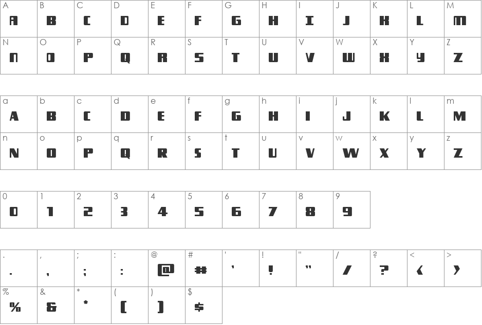 Typhoon Leftalic font character map preview