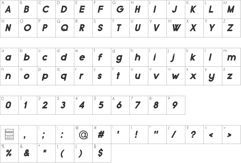 Typo Grotesk Thin font character map preview