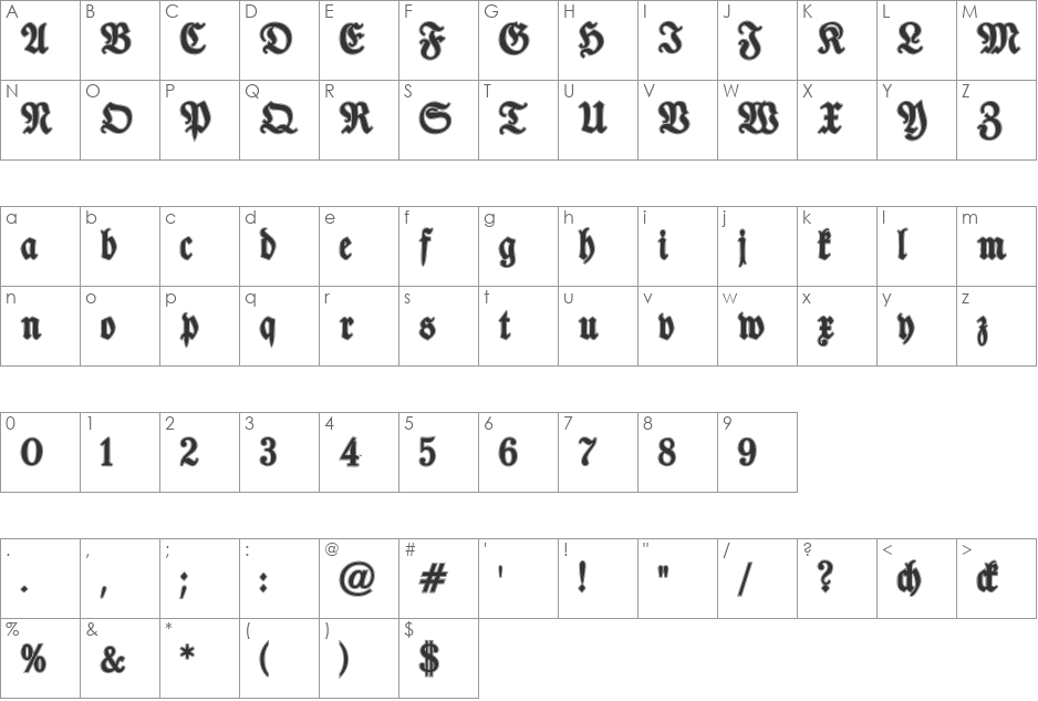 TypographerFraktur Contour font character map preview