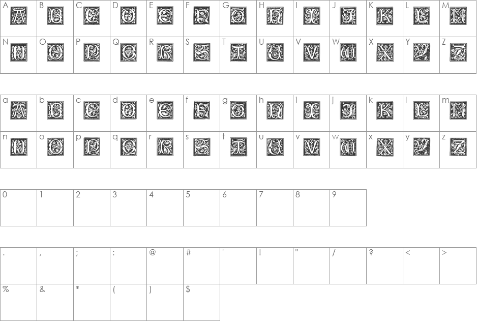 TypographerWoodcutInitialsOne font character map preview