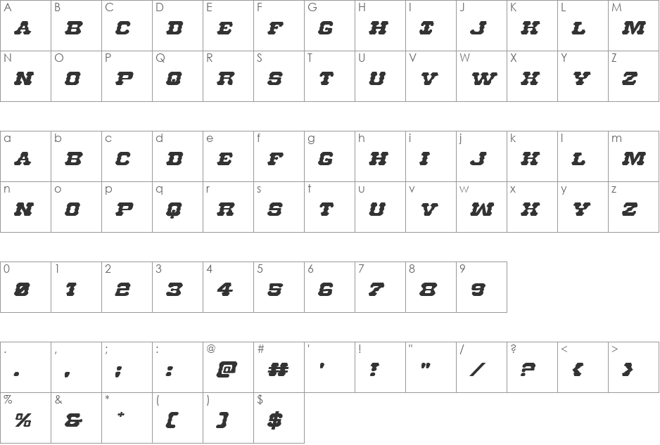 U.S. Marshal Expanded Italic font character map preview