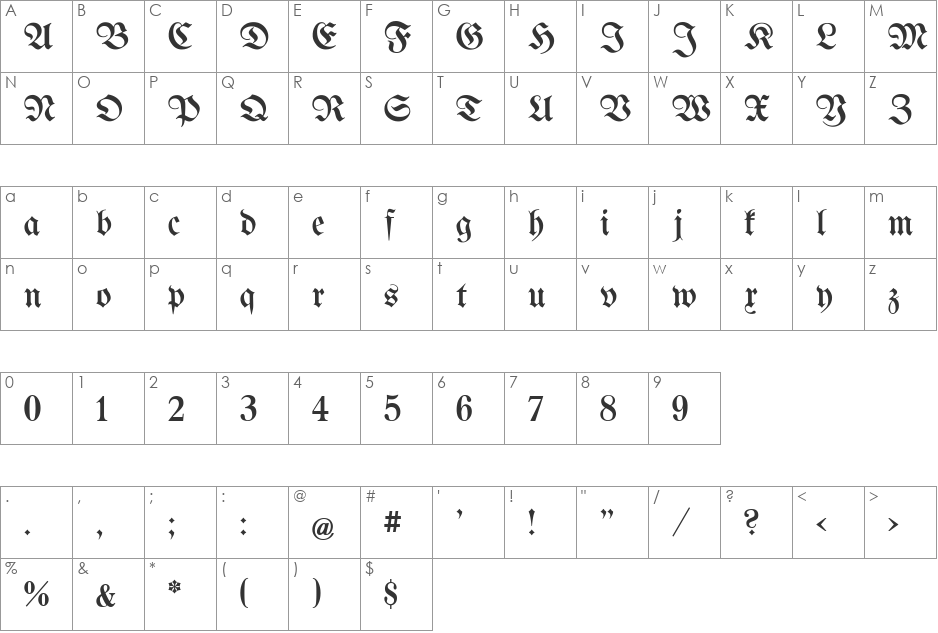 Berthold  Mainzer Fraktur UNZ1A font character map preview