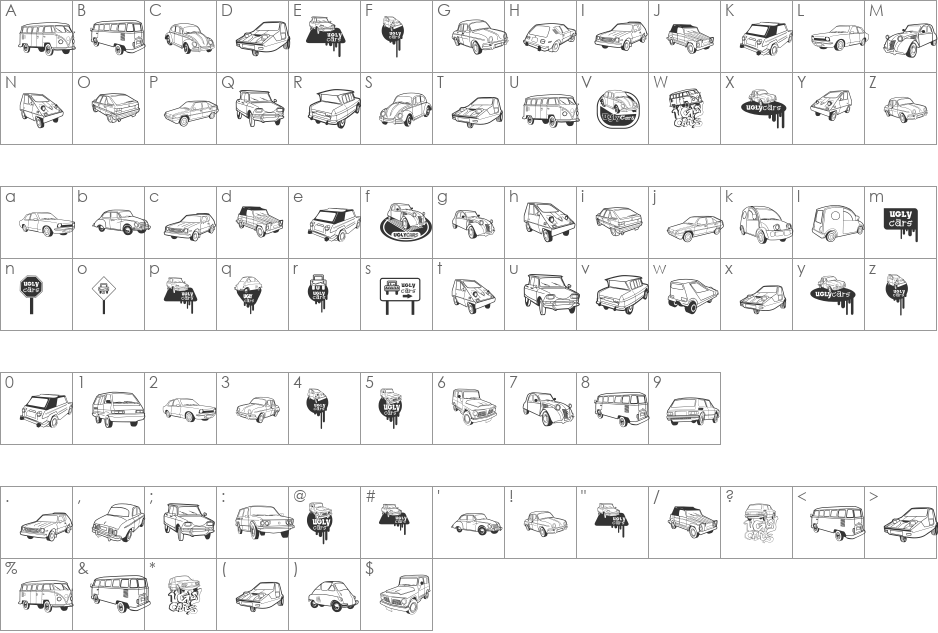 Ugly Cars font character map preview
