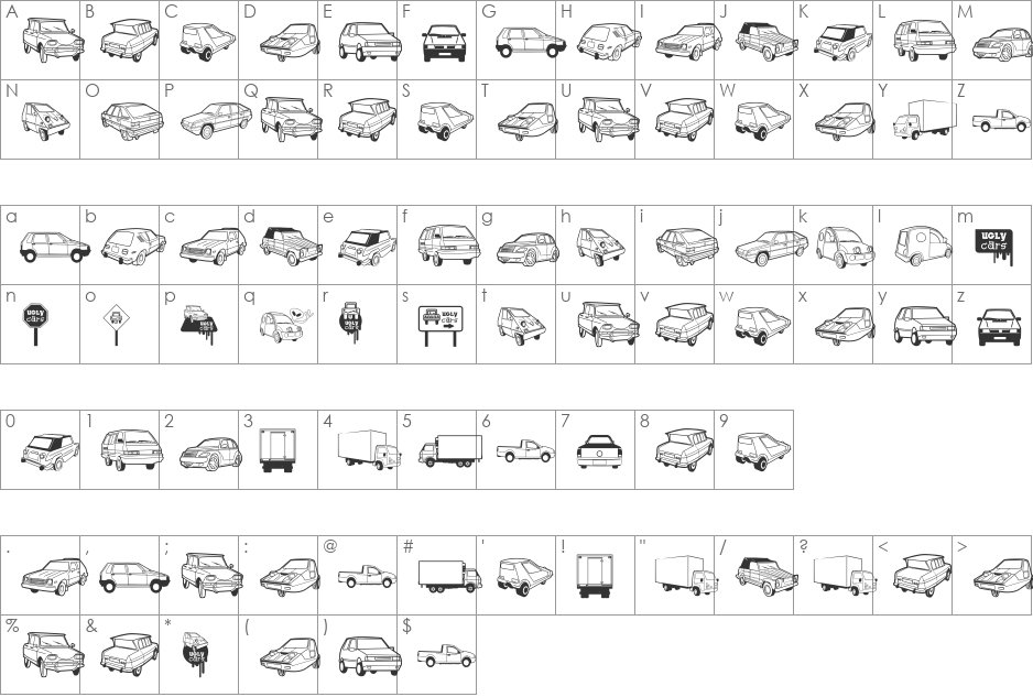Ugly Cars font character map preview