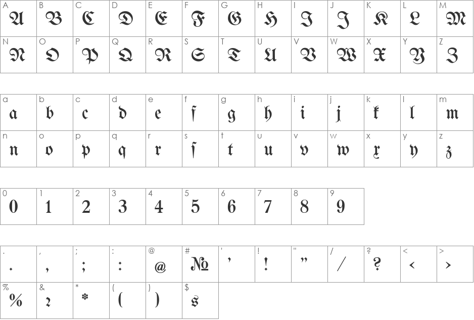 Bertholdr Mainzer Fraktur font character map preview