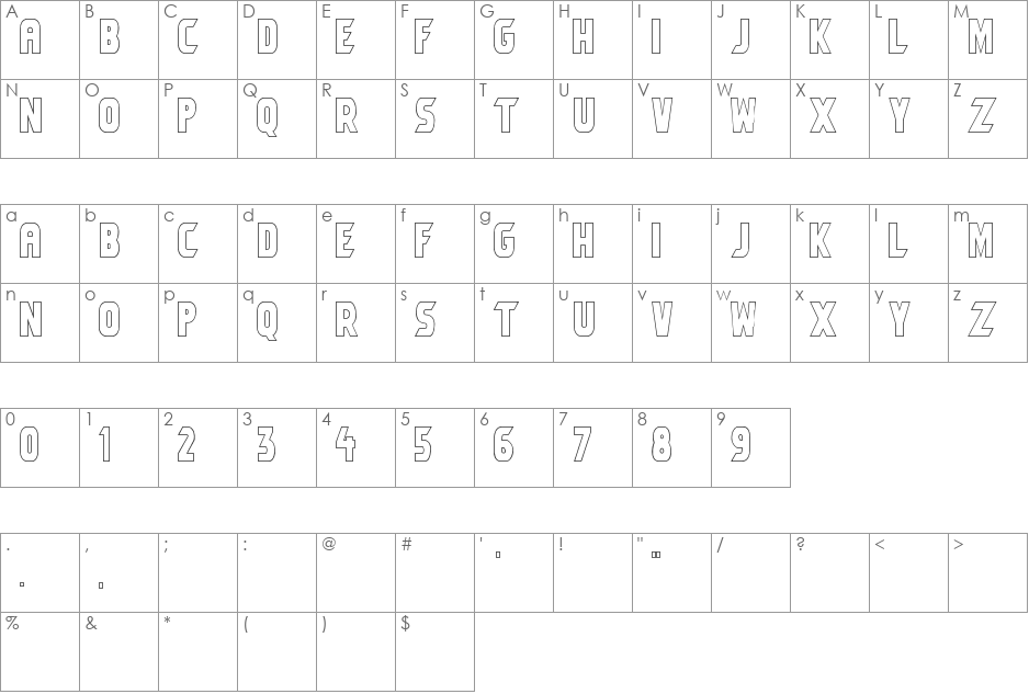 Umbro Outline font character map preview