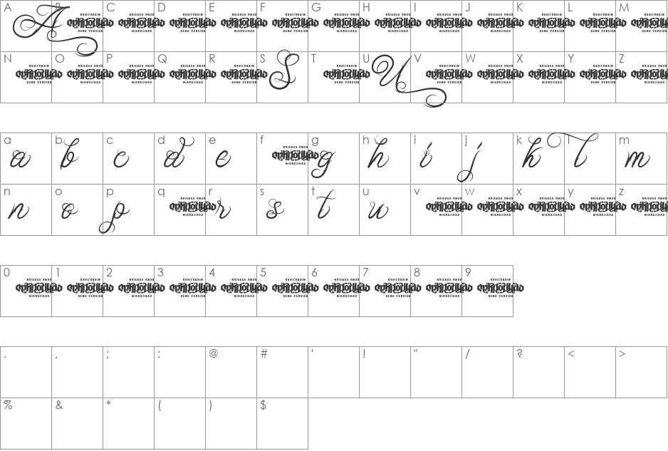 Unblessed Script font character map preview