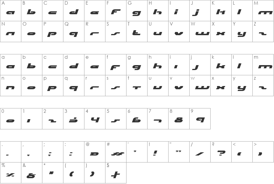 uni-sol expanded italic font character map preview
