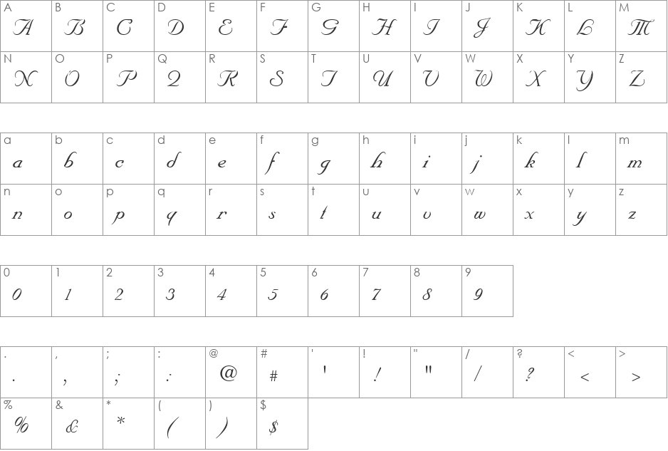 Unicorn Script SSi font character map preview