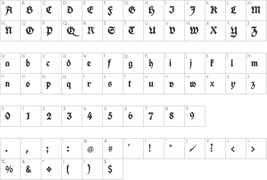 Unifraktur Cook font character map preview