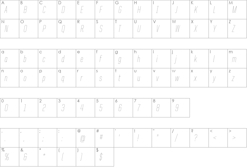 United Italic Ext font character map preview