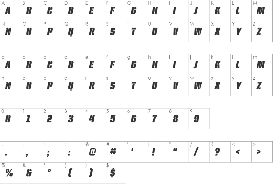 United Italic Reg font character map preview
