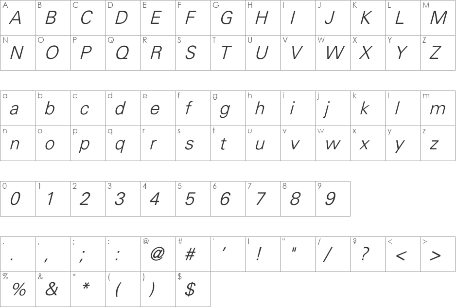 Univers-Light font character map preview