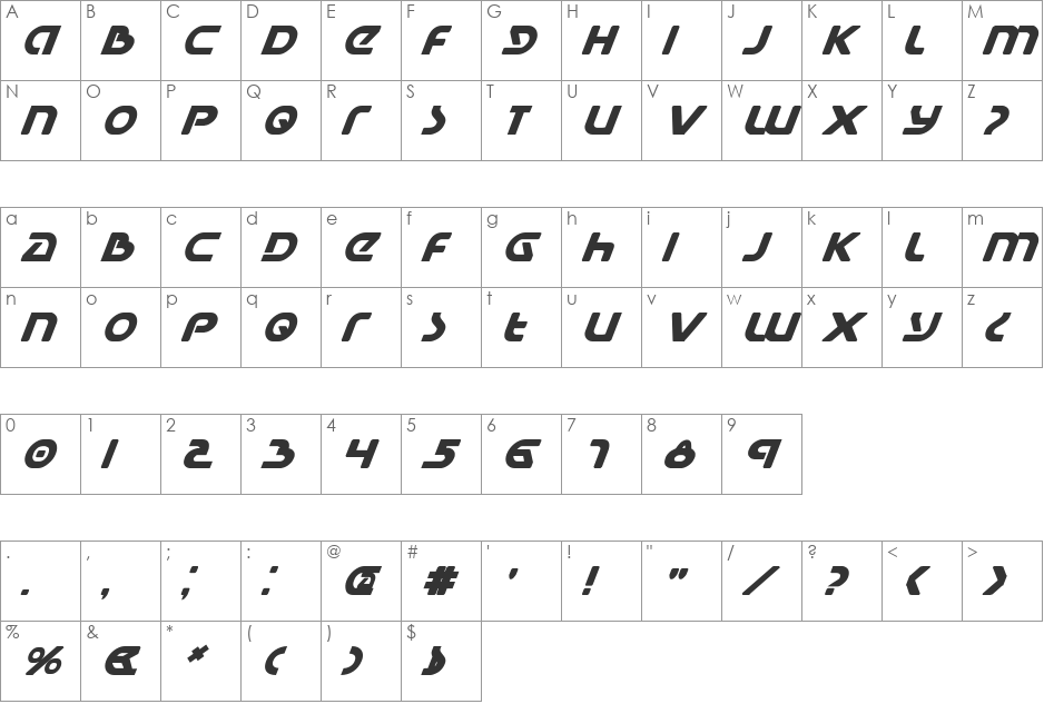 Universal Jack Bold Italic font character map preview