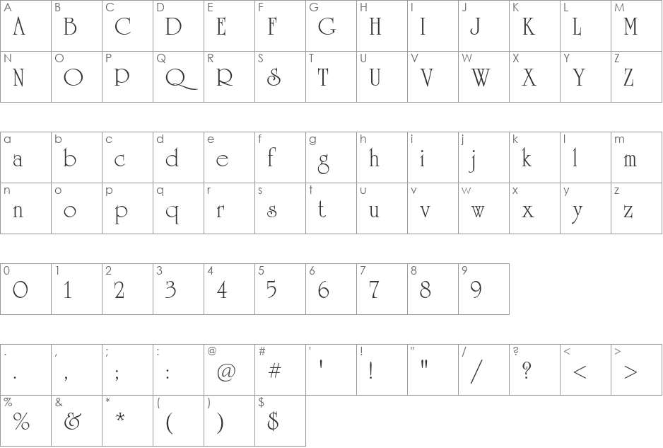 University Std font character map preview