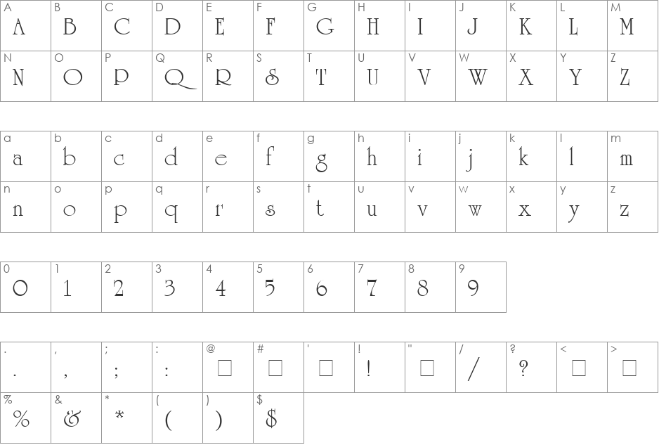 University-Roman font character map preview