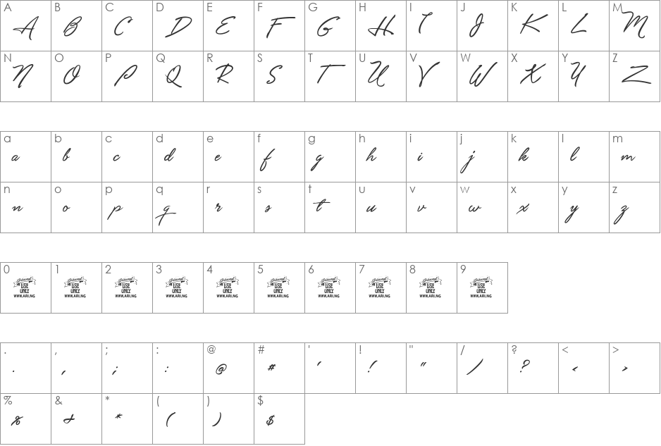 Unthrift First Personal font character map preview